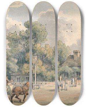 Triptych art skateboard deck of Samuel Howitt The Village Inn by Samuel Howitt (1756-1822)