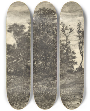 Triptych art skateboard deck of Henrijoseph Harpignies The Pond At Les Luneaux Allier by Henri Joseph Harpignies (1819-1916)