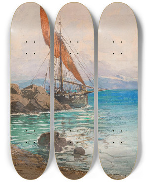 Triptych art skateboard deck of Fritz Lach Sailing Boat Near The Coast by Fritz Lach (1868-1933)