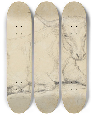 Triptych art skateboard deck of Ferdinand Keller Ochsenstudie Liegend by Ferdinand Keller (1842-1922)