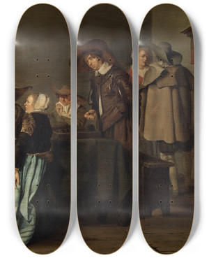 Triptych art skateboard deck of Pieter Codde A Conversation by Pieter Codde (1599-1678)