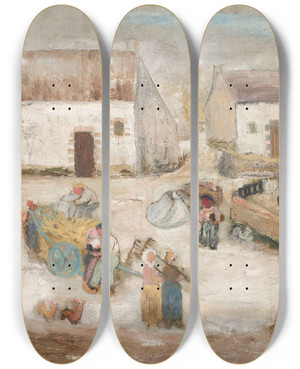 Triptych art skateboard deck of Tadeusz Makowski Work In A Farmstead by Tadeusz Makowski (1882-1932)