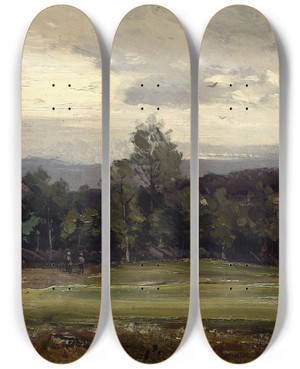 Triptych art skateboard deck of Gerhard Munthe Fields At Hedmark In Summer by Gerhard Munthe (1849-1929)