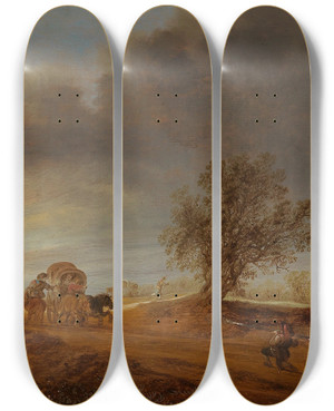 Triptych art skateboard deck of Jacob Salomonsz Van Ruysdael A Raid On A Horse And Wagon In The Dunes At Sunset by Jacob Salomonsz Van Ruysdael (1630-1681)