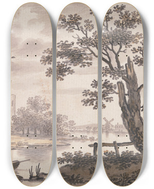 Triptych art skateboard deck of John Collet River Scene With Church Cottage And Windmill by John Collet (1725-1780)