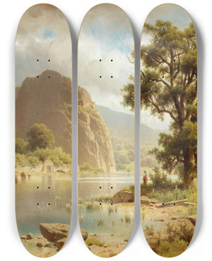 Triptych art skateboard deck of Adolf Chwala A Lake Landscape by Adolf Chwala (1836-1900)