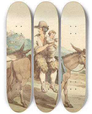 Triptych art skateboard deck of Bartolomeo Pinelli A Peasant Family And Two Donkeys by Bartolomeo Pinelli (1781-1835)