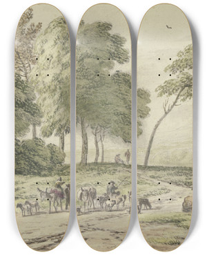 Triptych art skateboard deck of Jan Vermeer Van Haarlem The Elder An Einer Baumgruppe Zwei Eselstreiber Von Hinten by Jan Vermeer van Haarlem the Elder (1628-1691)