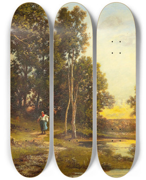 Triptych art skateboard deck of Leon Richet Am Heimweg by Leon Richet (1847-1902)