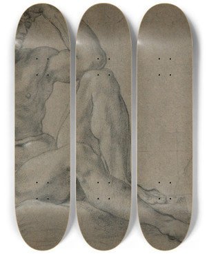 Triptych art skateboard deck of Annibale Carracci Hercules Resting Recto Footed Vessel With Handle Verso by Annibale Carracci (1560-1609)