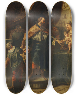 Triptych art skateboard deck of Gaspare Diziani The Infant Moses Trampling On The Pharaohs Crown by Gaspare Diziani (1689-1767)