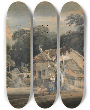 Triptych art skateboard deck of Thomas Girtin A Devonshire Farm by Thomas Girtin (1775-1802)