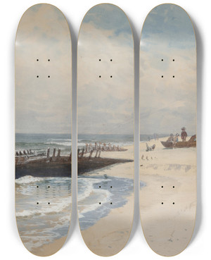 Triptych art skateboard deck of Alfred Thompson Bricher Low Tide by Alfred Thompson Bricher (1837-1908)