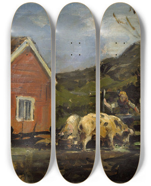 Triptych art skateboard deck of Gerhard Munthe Pigs In Moonlight by Gerhard Munthe (1849-1929)