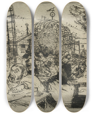 Triptych art skateboard deck of Auguste Louis Lepre The Two Hunchbacks by Auguste Louis Lepere (1849-1918)