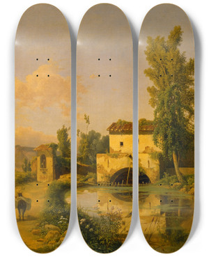 Triptych art skateboard deck of Beniamino De Francesco Italian Landscape by Beniamino De Francesco (1815-1869)