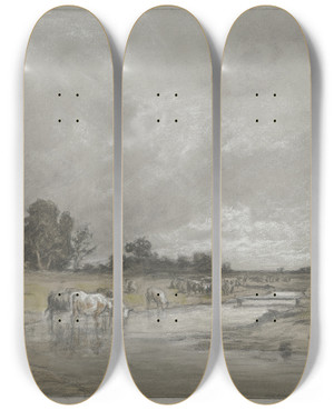 Triptych art skateboard deck of Philipp Rth Wiesenlandschaft Mit Trinkender Herde by Philipp Roth (1841-1921)