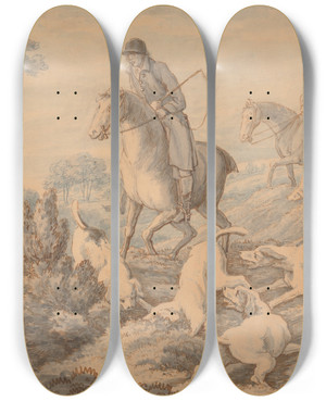 Triptych art skateboard deck of Thomas Sunderland Myles Sandys Hounds And Huntsmen Starting A Hare by Thomas Sunderland (1744-1828)