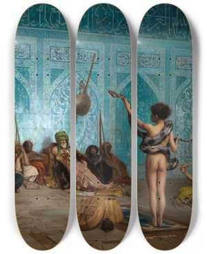 Triptych art skateboard deck of Jeanlon Grme Snake Charmer by Jean-Lon Grme (1824-1904)