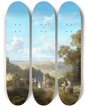 Triptych art skateboard deck of Willy Moralt Ankunft Der Postkutsche by Willy Moralt (1884-1947)