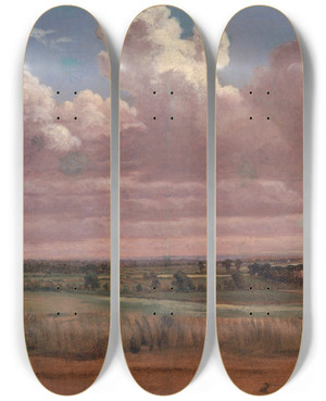Triptych art skateboard deck of Lionel Constable Landscape With Wheatfield by Lionel Constable (1828-1887)
