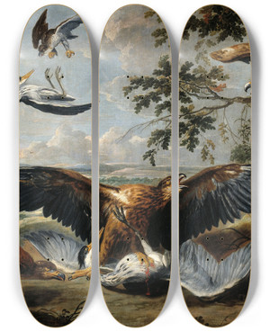 Triptych art skateboard deck of Pieter Boel Fight Between Eagles by Pieter Boel (1622-1674)
