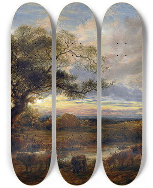 Triptych art skateboard deck of John Linnell Evening by John Linnell (1792-1882)