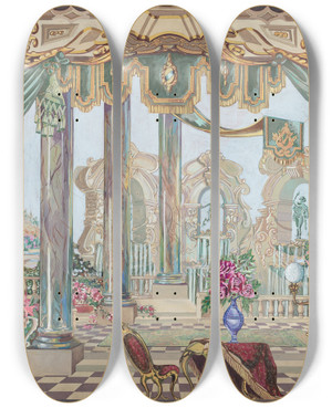 Triptych art skateboard deck of Perkins Harnly Stage Backdrop by Perkins Harnly (1901-1986)