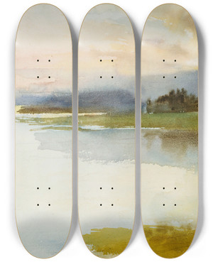 Triptych art skateboard deck of Albert Edelfelt Seashore In The Evening Landscape Evening by Albert Edelfelt (1854-1905)