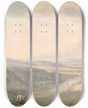 Triptych art skateboard deck of Samuel Howitt Valley Landscape With Sheep by Samuel Howitt (1756-1822)