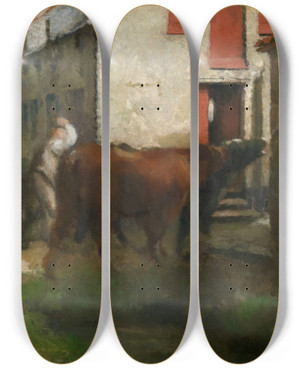 Triptych art skateboard deck of Jan Stobbaerts To The Stables by Jan Stobbaerts (1838-1914)