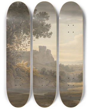 Triptych art skateboard deck of Hugh William Williams Castle In A Landscape by Hugh William Williams (1773-1829)
