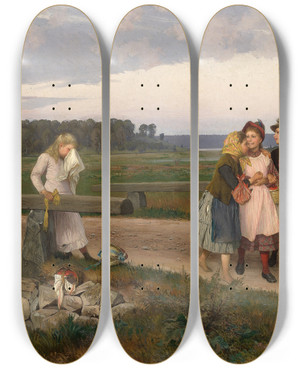 Triptych art skateboard deck of August Malmstrm The Telltale by August Malmstrom (1829-1901)