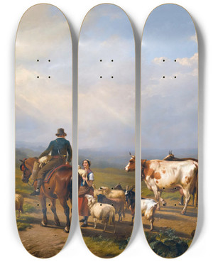 Triptych art skateboard deck of Eugne Joseph Verboeckhoven Riderconversing With Ashepherdess In An Extensive Landscape by Eugene Joseph Verboeckhoven (1798-1881)