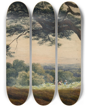 Triptych art skateboard deck of Bartholomew Colles Watkins A Hill Near Esher Surrey by Bartholomew Colles Watkins