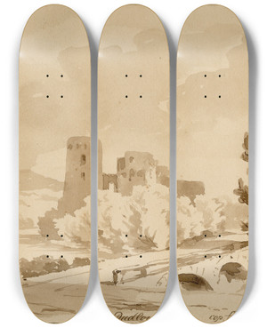 Triptych art skateboard deck of Pieter Van Loon Dudlow Castle by Pieter Van Loon (1801-1873)