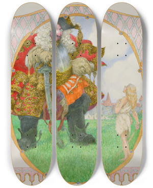 Triptych art skateboard deck of Heinrich Lefler David And Goliath by Heinrich Lefler (1863-1919)