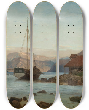 Triptych art skateboard deck of Amaldus Nielsen Aften Ved Balestrand by Amaldus Nielsen (1838-1932)