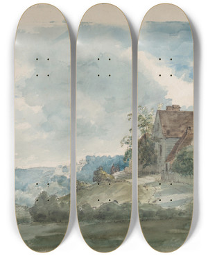 Triptych art skateboard deck of William Henry Hunt Cottages In An Extensive Landscape by William Henry Hunt (1790-1864)