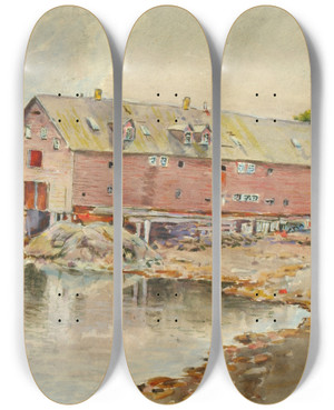 Triptych art skateboard deck of Theodore J Richardson The Old Warehouse Sitka by Theodore J Richardson (1855-1914)