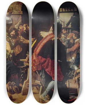 Triptych art skateboard deck of Antonio Fabrs The Drunkards Bacchanal by Antonio Fabres (1854-1938)