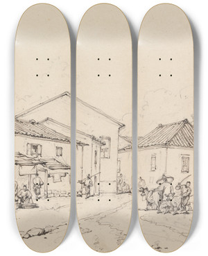 Triptych art skateboard deck of George Chinnery Monte Fort Macao by George Chinnery (1774-1852)