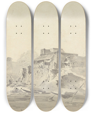 Triptych art skateboard deck of Samuel Davis River Scene With Native Buildings by Samuel Davis (1757-1819)
