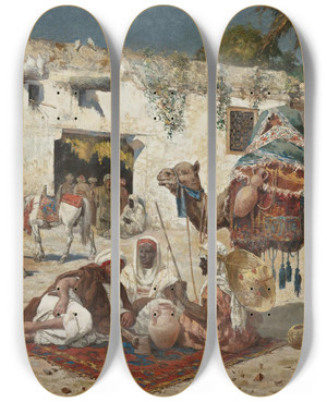 Triptych art skateboard deck of Giuseppe Gabani Caravan At Rest by Giuseppe Gabani (1846-1899)