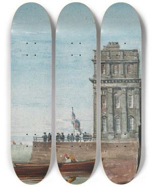 Triptych art skateboard deck of David Cox The Old Customs House Greenwich by David Cox (1783-1859)