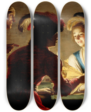 Triptych art skateboard deck of Gerard Van Honthorst The Procuress by Gerard Van Honthorst (1592-1656)
