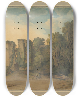 Triptych art skateboard deck of Francis Towne Berry Pomeroy Castle In The County Of Devon by Francis Towne (1739-1816)