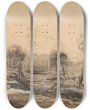 Triptych art skateboard deck of Cornelius Varley Harlech Castle by Cornelius Varley (1781-1873)
