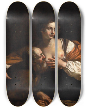 Triptych art skateboard deck of Guercino Caritas Romana_2 by Guercino (1591-1666)