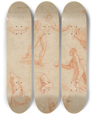 Triptych art skateboard deck of Andrea Sacchi Figure And Drapery Studies by Andrea Sacchi (1599-1661)